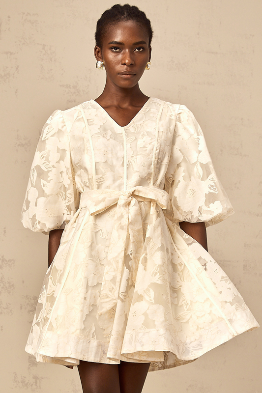 Osanne neutrals floral-jacquard flared mini dress