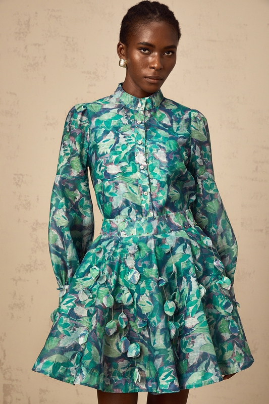Véronique green 3d-petal blouse & skirt matching set