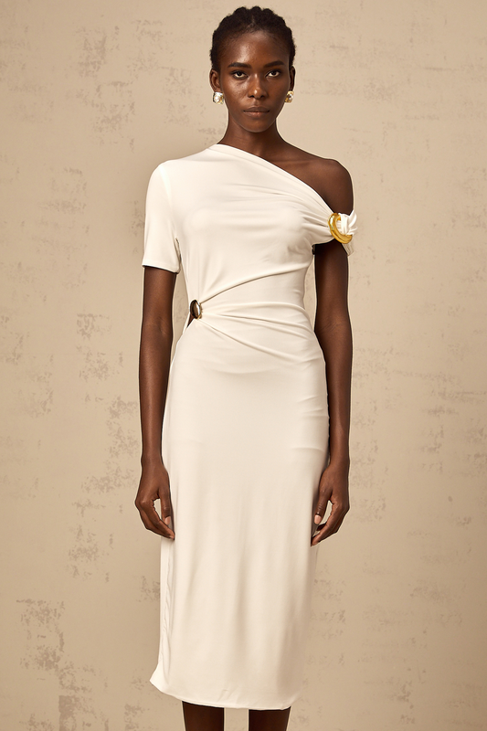 Béryl white asymmetric buckle midi dress