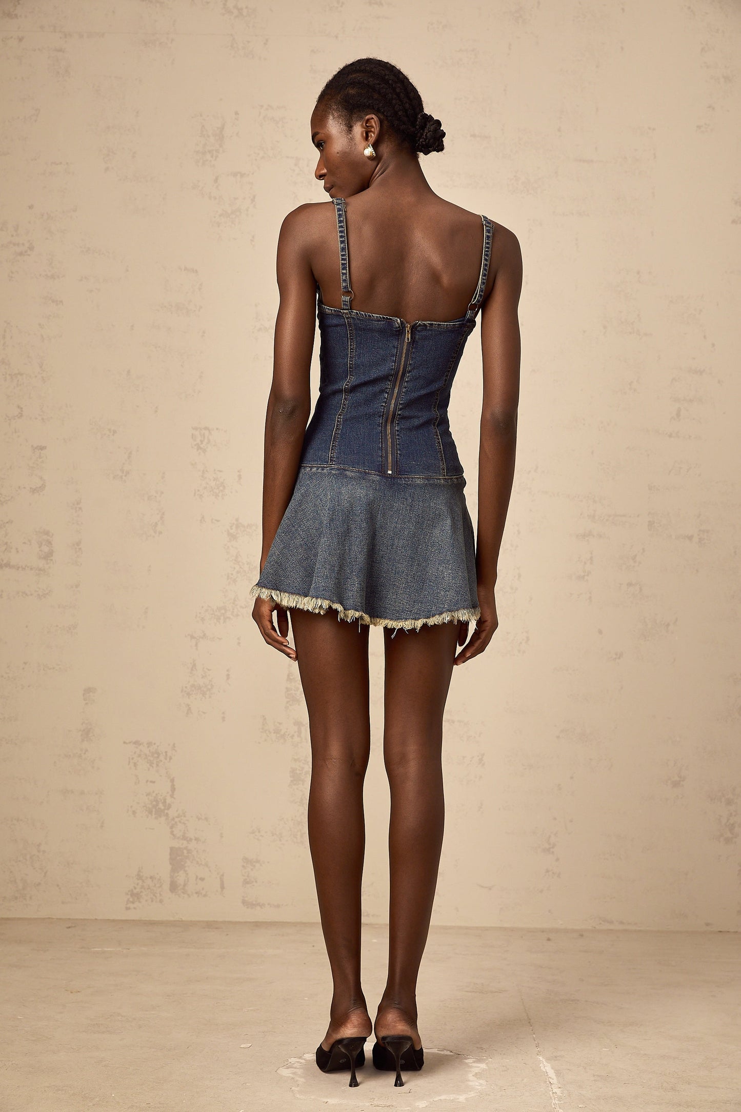 Éléna indigo-blue cross-over denim mini dress