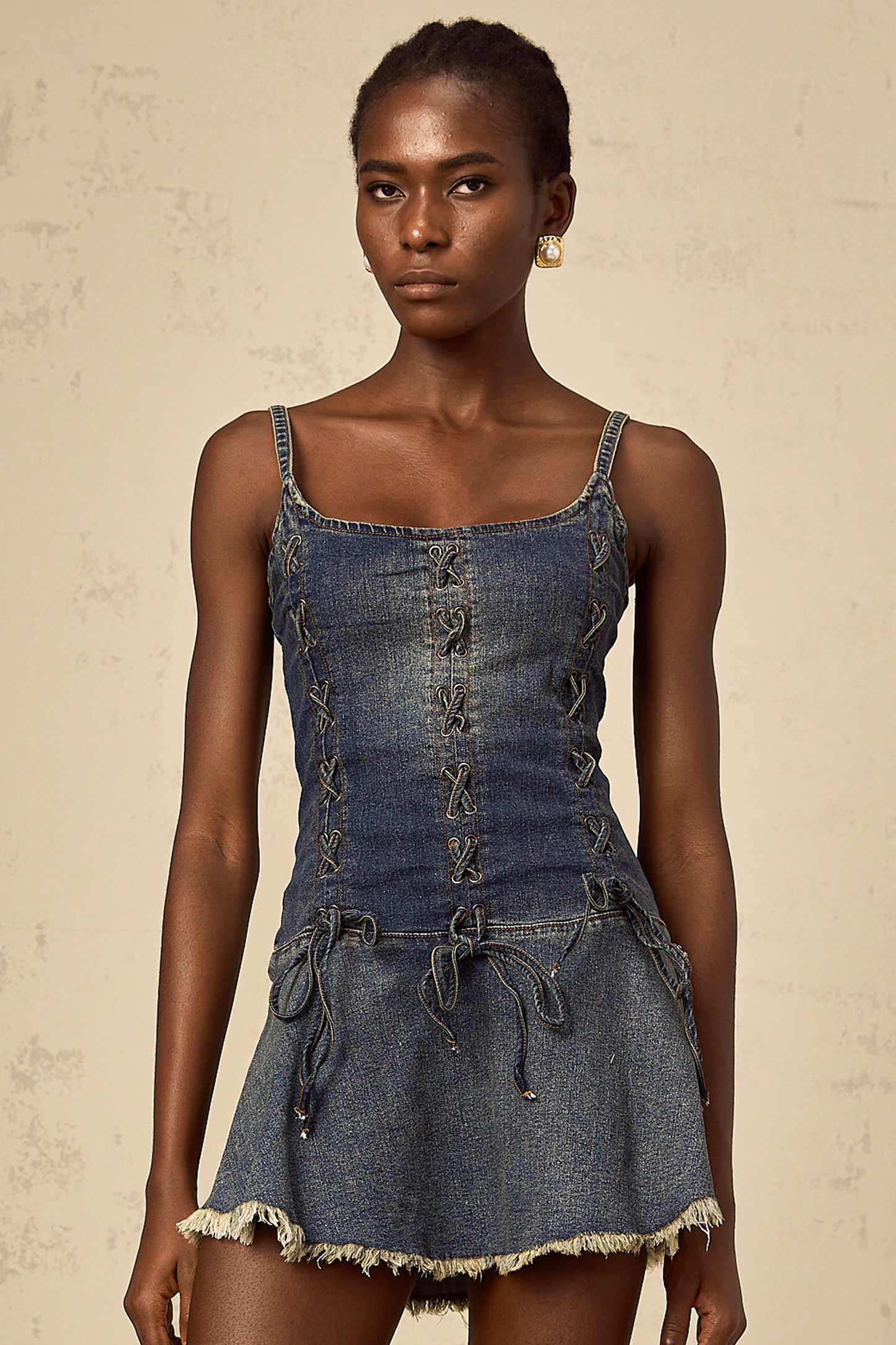 Éléna indigo-blue cross-over denim mini dress