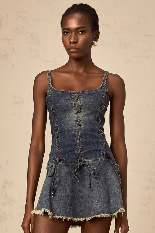 Éléna indigo-blue cross-over denim mini dress