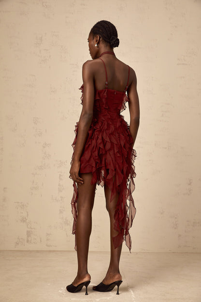 Soline wine-red rose-appliqué ruffled mini dress
