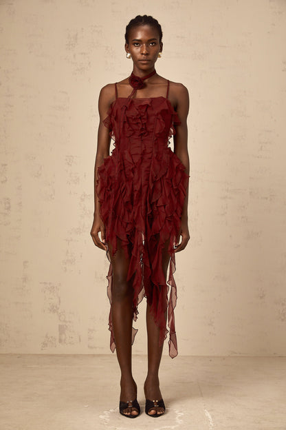 Soline wine-red rose-appliqué ruffled mini dress