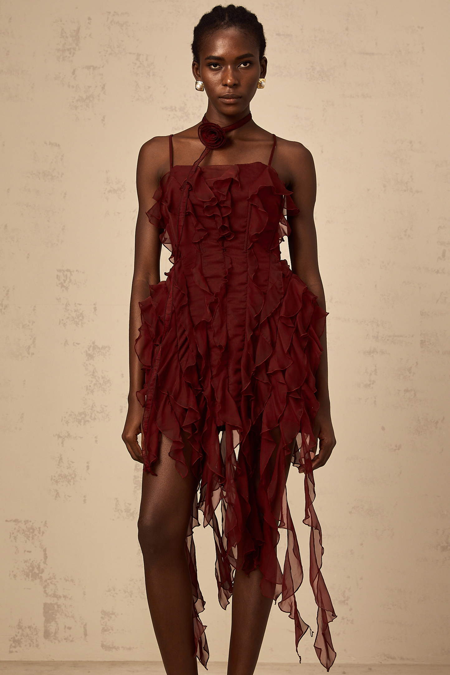 Soline wine-red rose-appliqué ruffled mini dress