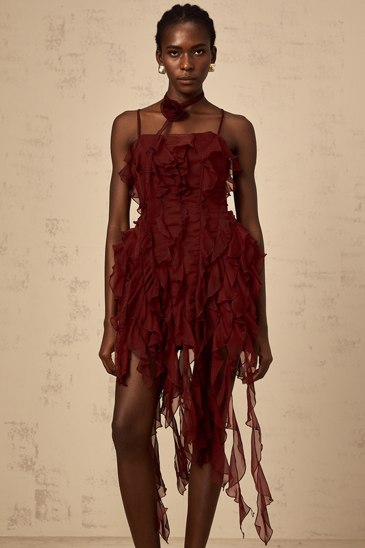 Soline wine-red rose-appliqué ruffled mini dress
