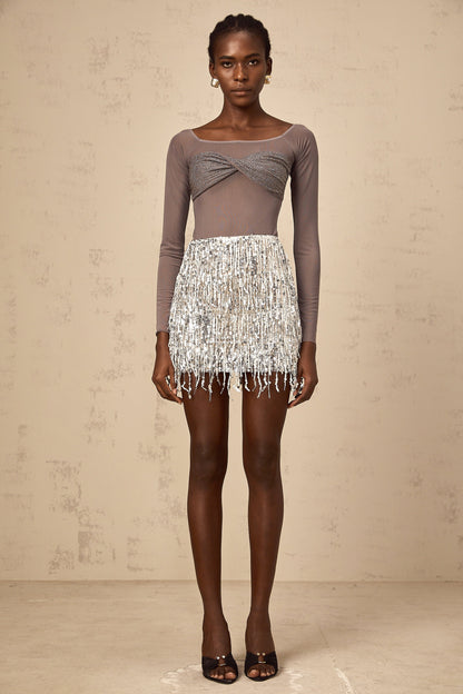 Félicie grey twist-detail embellished tulle top