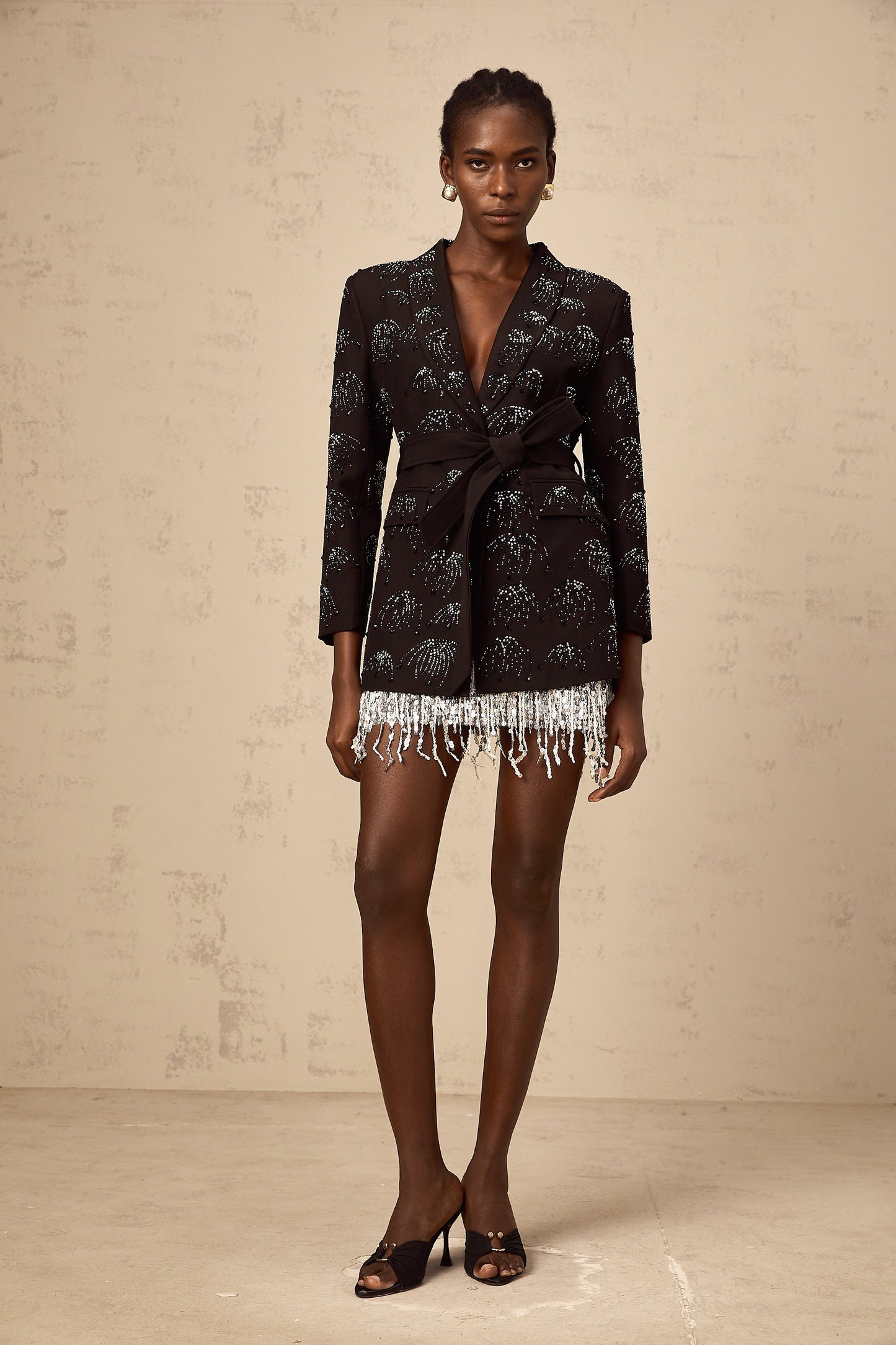 Cerise black rhinestone belted blazer