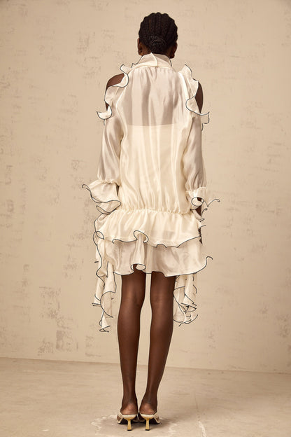 Tiphaine white ribbon-detail flounce mini dress