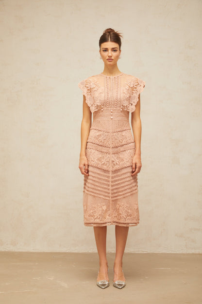 Fleur floral-embroidered lace midi dress in Pink