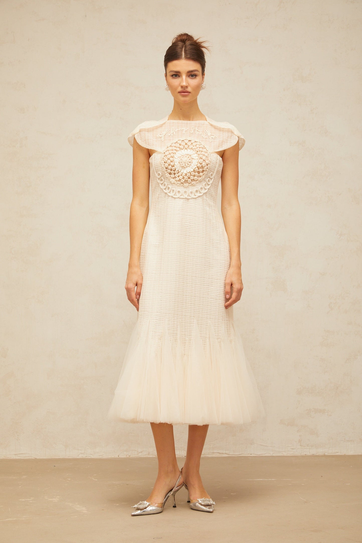 Bérengère white jacquard tulle-panel midi dress
