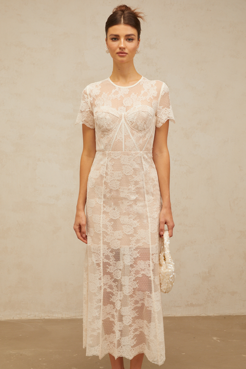 Célia floral-lace midi dress in White