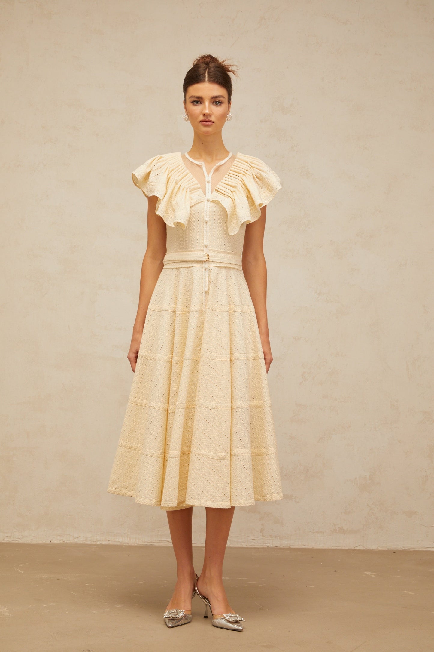 Irène neutrals belted pointelle-trim ruffled midi dress