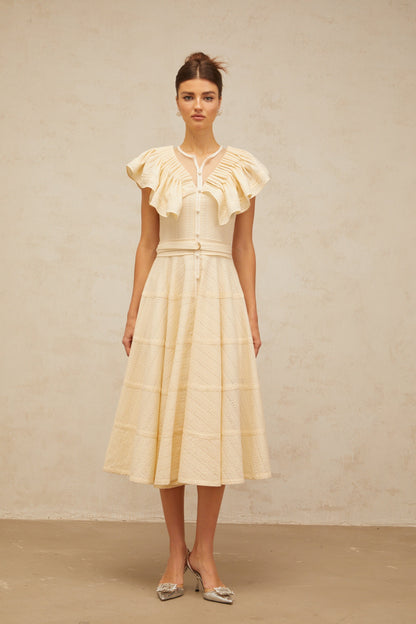 Irène neutrals belted pointelle-trim ruffled midi dress
