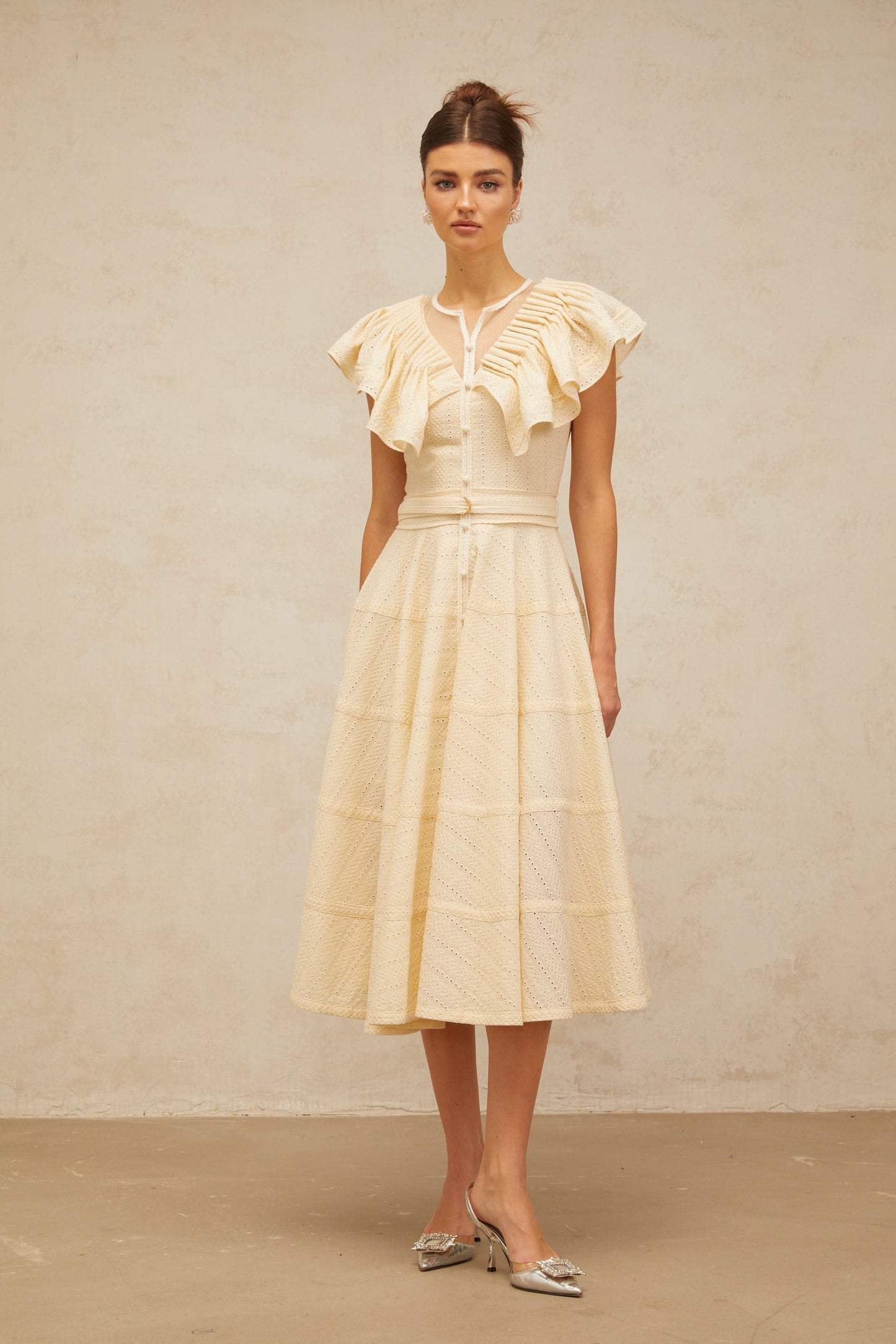 Irène neutrals belted pointelle-trim ruffled midi dress
