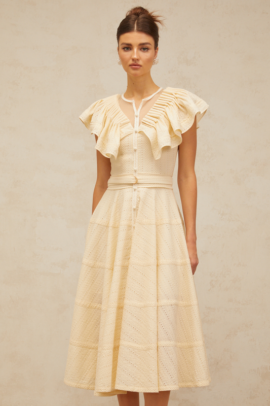 Irène neutrals belted pointelle-trim ruffled midi dress