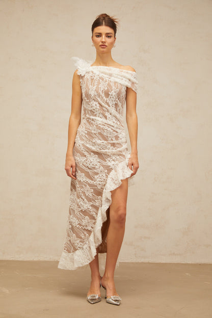 Suzanne white asymmetric floral-lace midi dress
