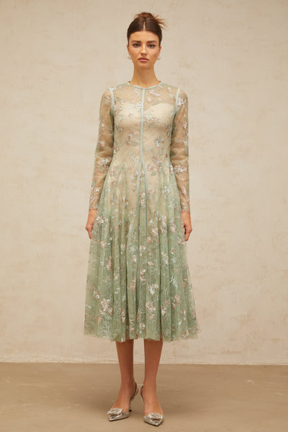 Philomène green flower-embroidery pleated midi dress