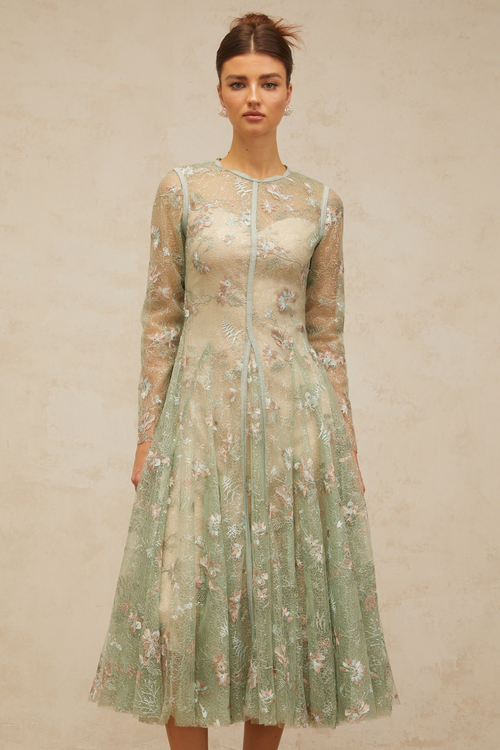 Philomène green flower-embroidery pleated midi dress
