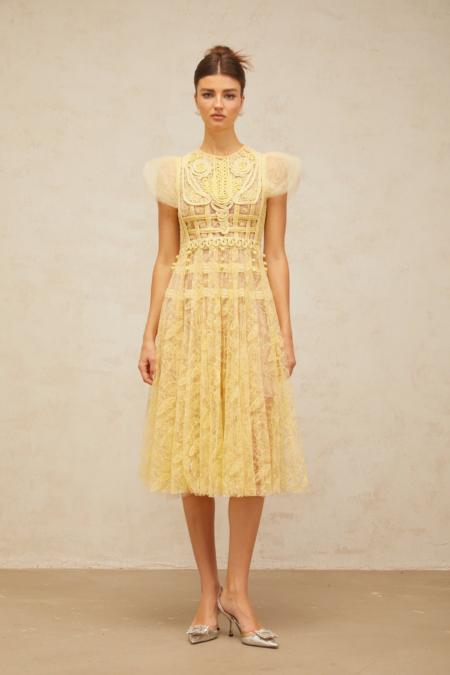 Véronique yellow embroidered-lace pleated midi dress