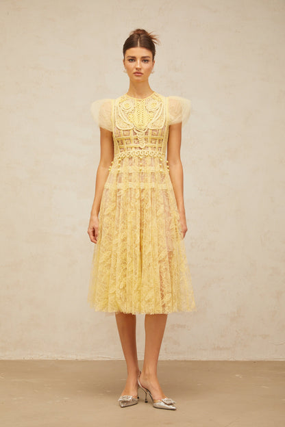 Véronique yellow embroidered-lace pleated midi dress