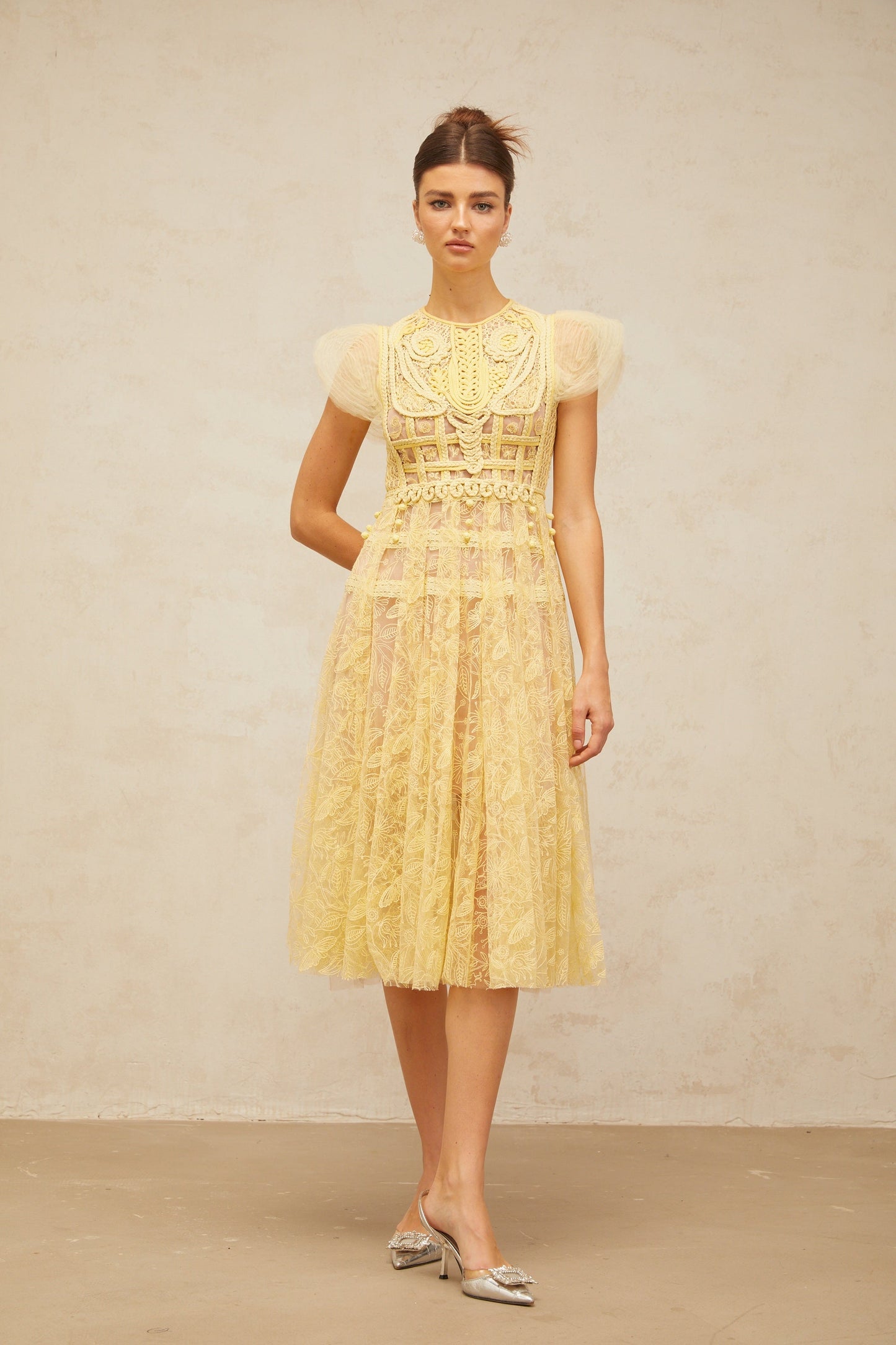 Véronique yellow embroidered-lace pleated midi dress