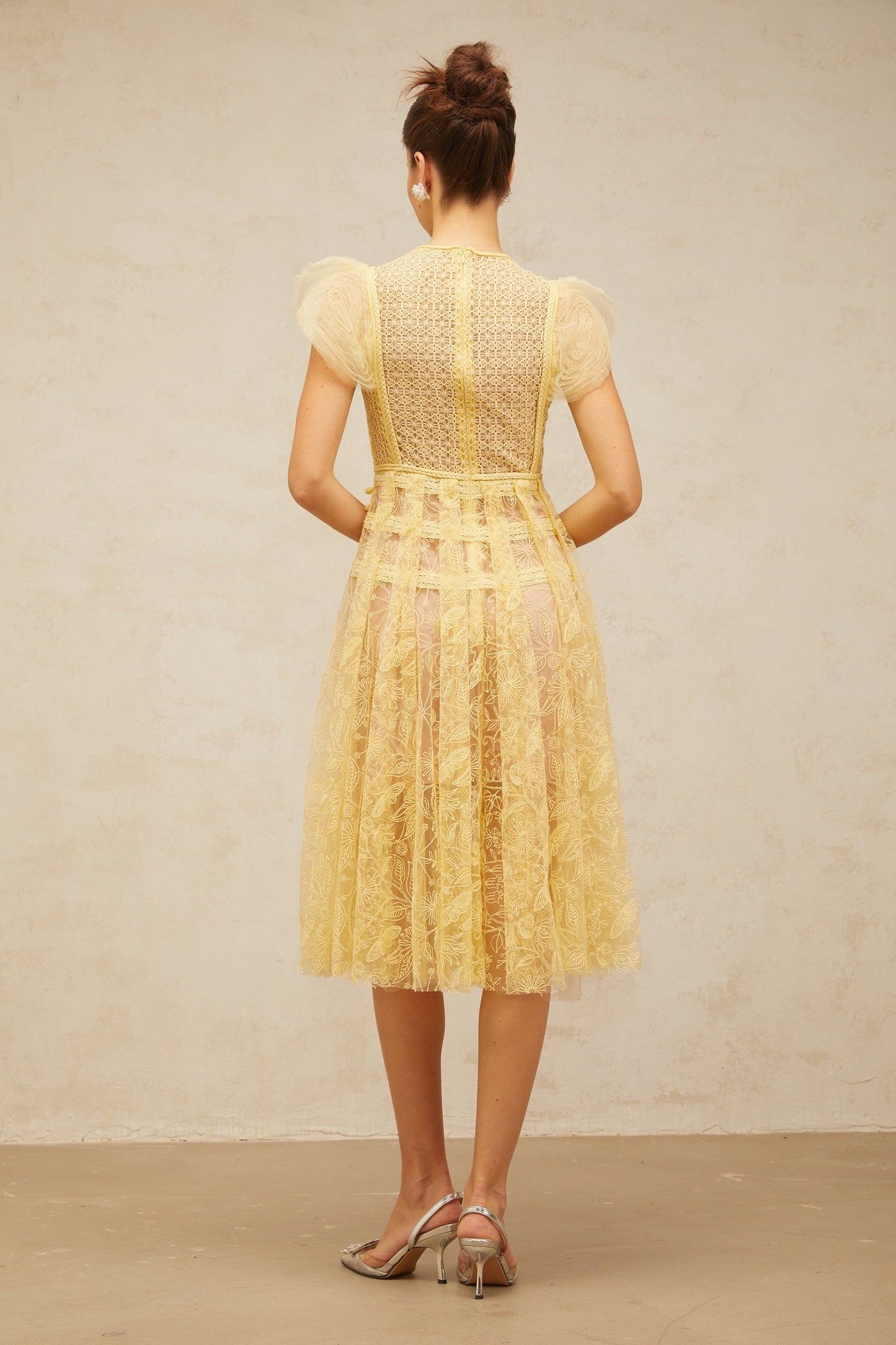 Véronique yellow embroidered-lace pleated midi dress
