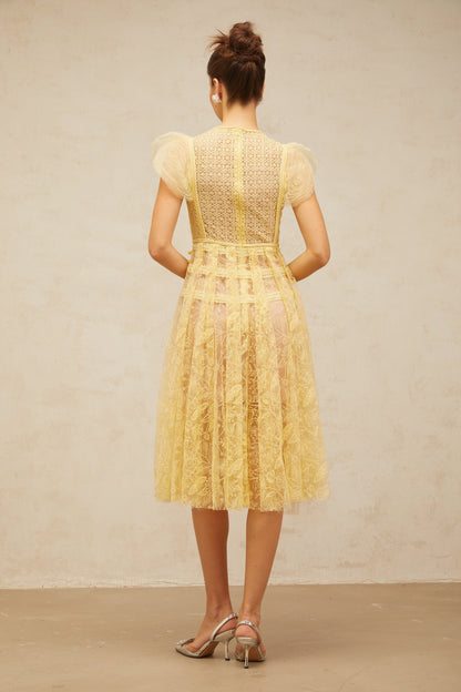 Véronique yellow embroidered-lace pleated midi dress