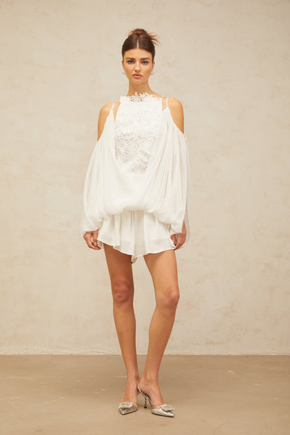 Mailys white floral-lace voile top & shorts matching set