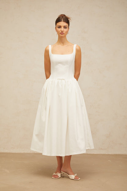 Perrine white bowknot flounce midi dress