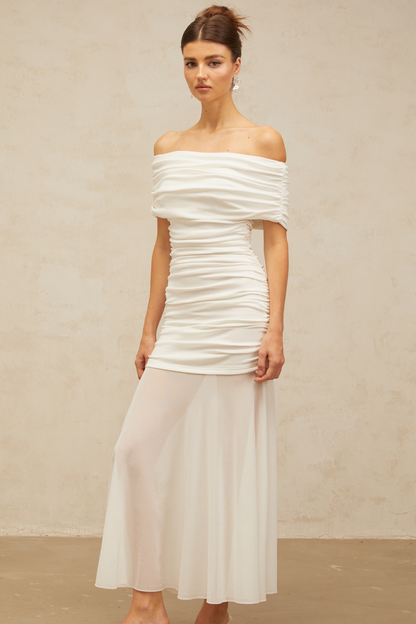 Calliopée white off-shoulder panelled midi dress
