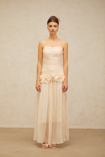Céleste neutrals ruffled pleated maxi dress