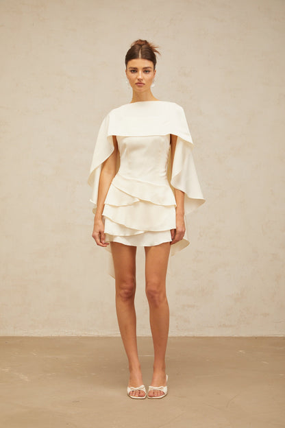 Lyna white shawl-panel ruffled satin mini dress