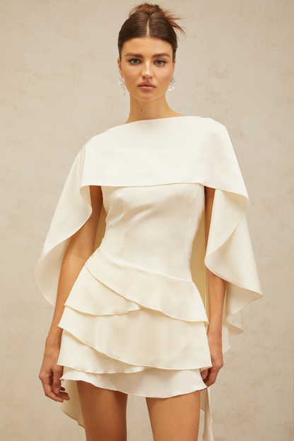 Lyna white shawl-panel ruffled satin mini dress