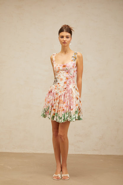 Michèle pink floral-print pleated mini dress