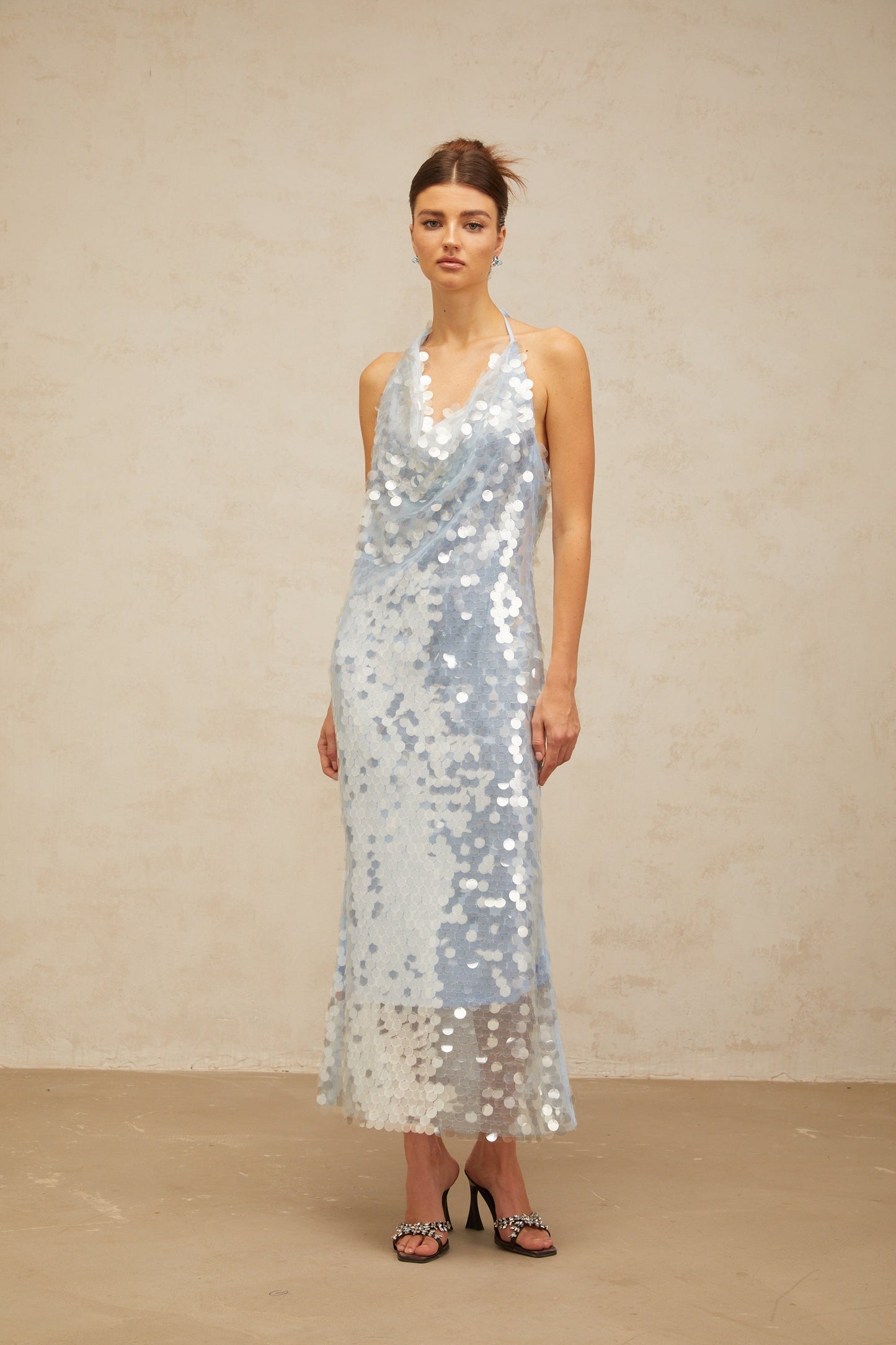Babette blue halterneck sequined midi dress
