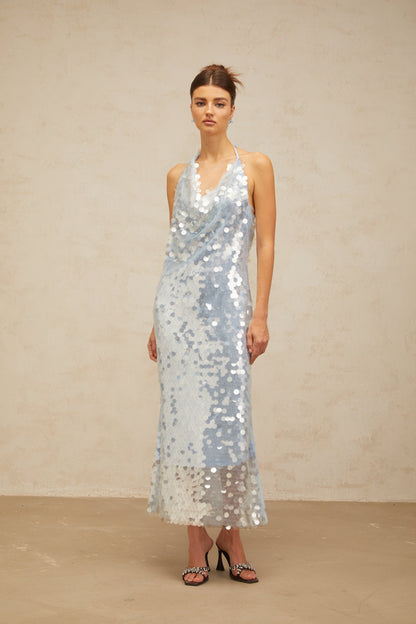Babette blue halterneck sequined midi dress