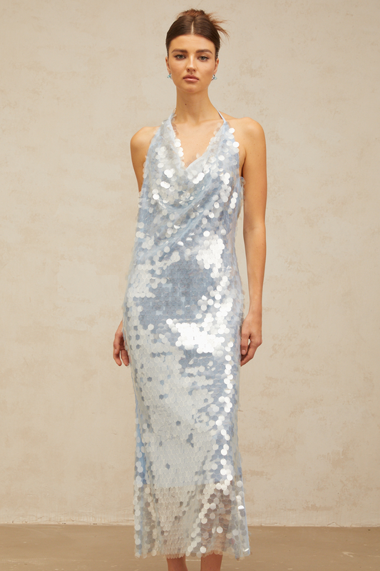 Babette blue halterneck sequined midi dress