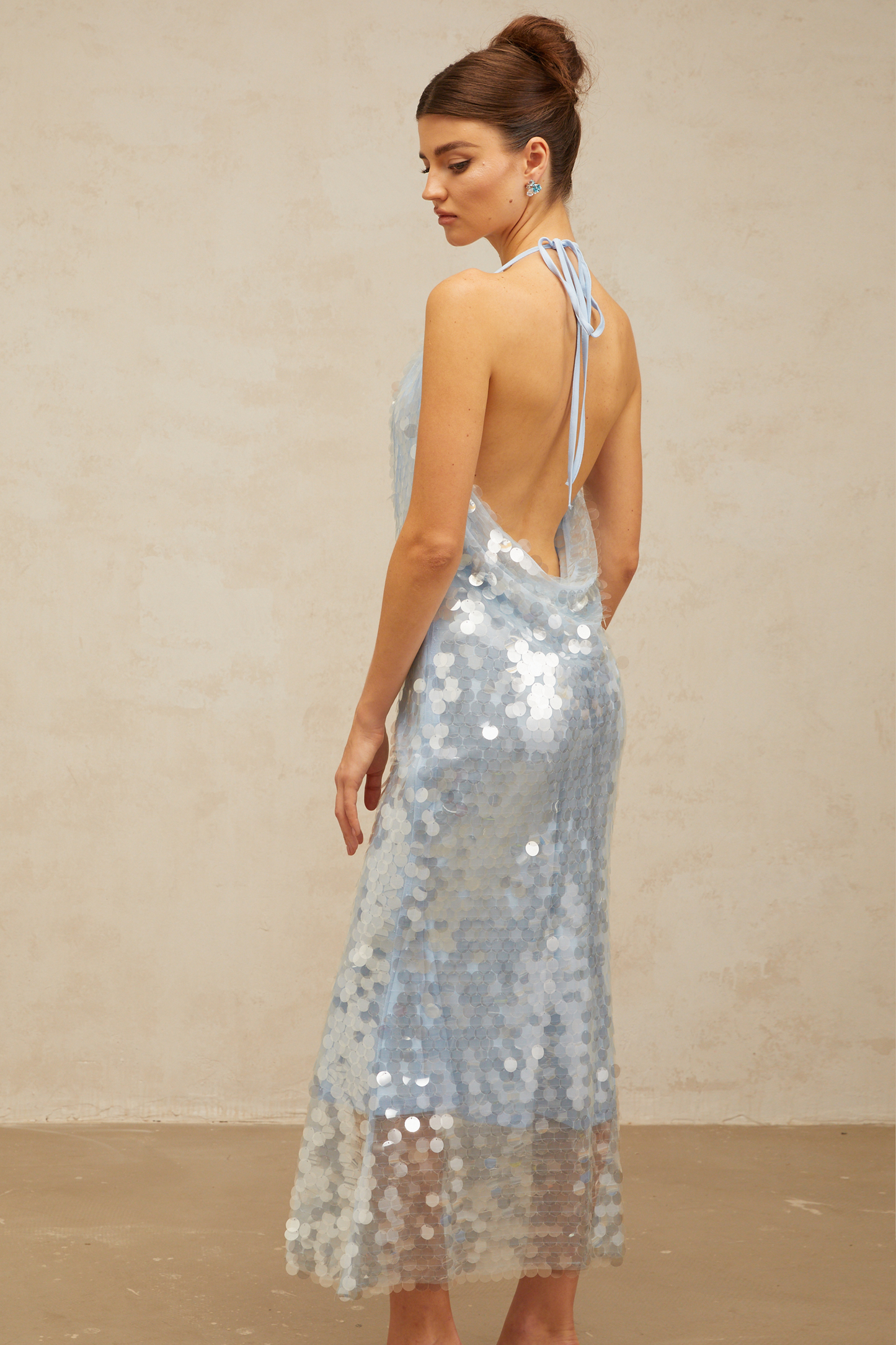 Babette blue halterneck sequined midi dress