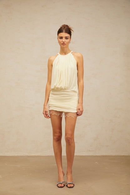 Déotille neutrals ruched fringe mini dress