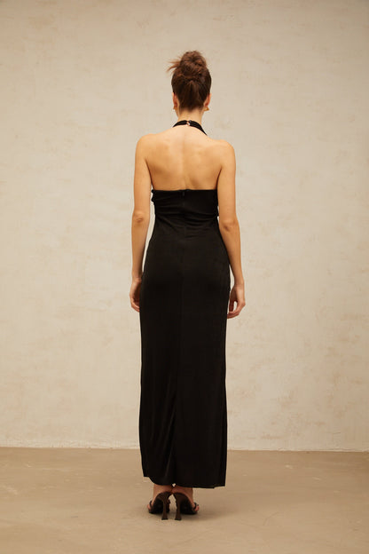 Bruyère black ruched halterneck maxi dress