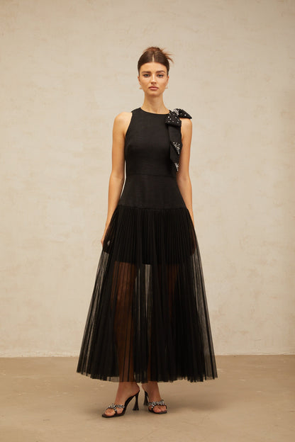 Thérèse bowknot tulle-panelling midi dress in Black