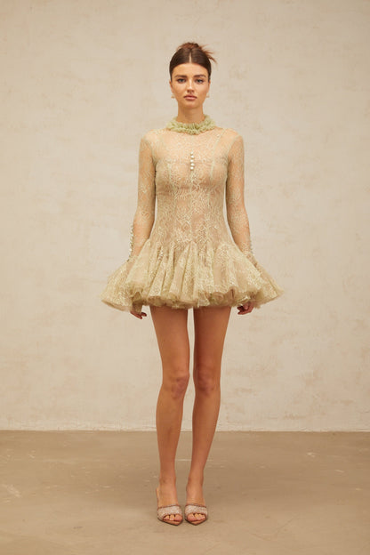 Mélodie green embroidered flared mini dress