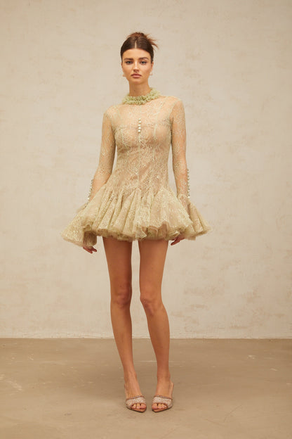 Mélodie green embroidered flared mini dress