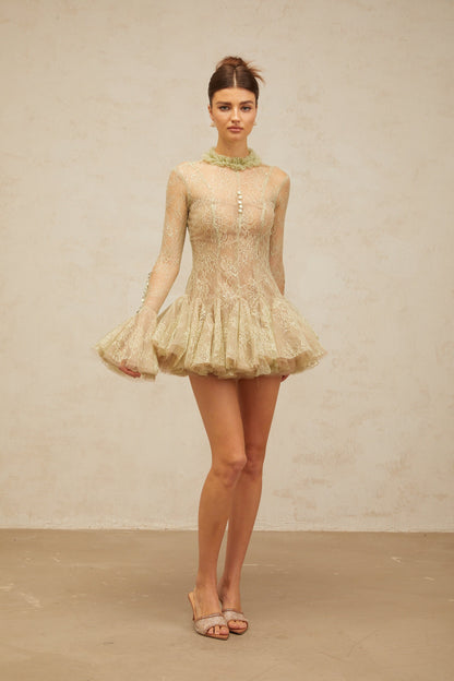 Mélodie green embroidered flared mini dress