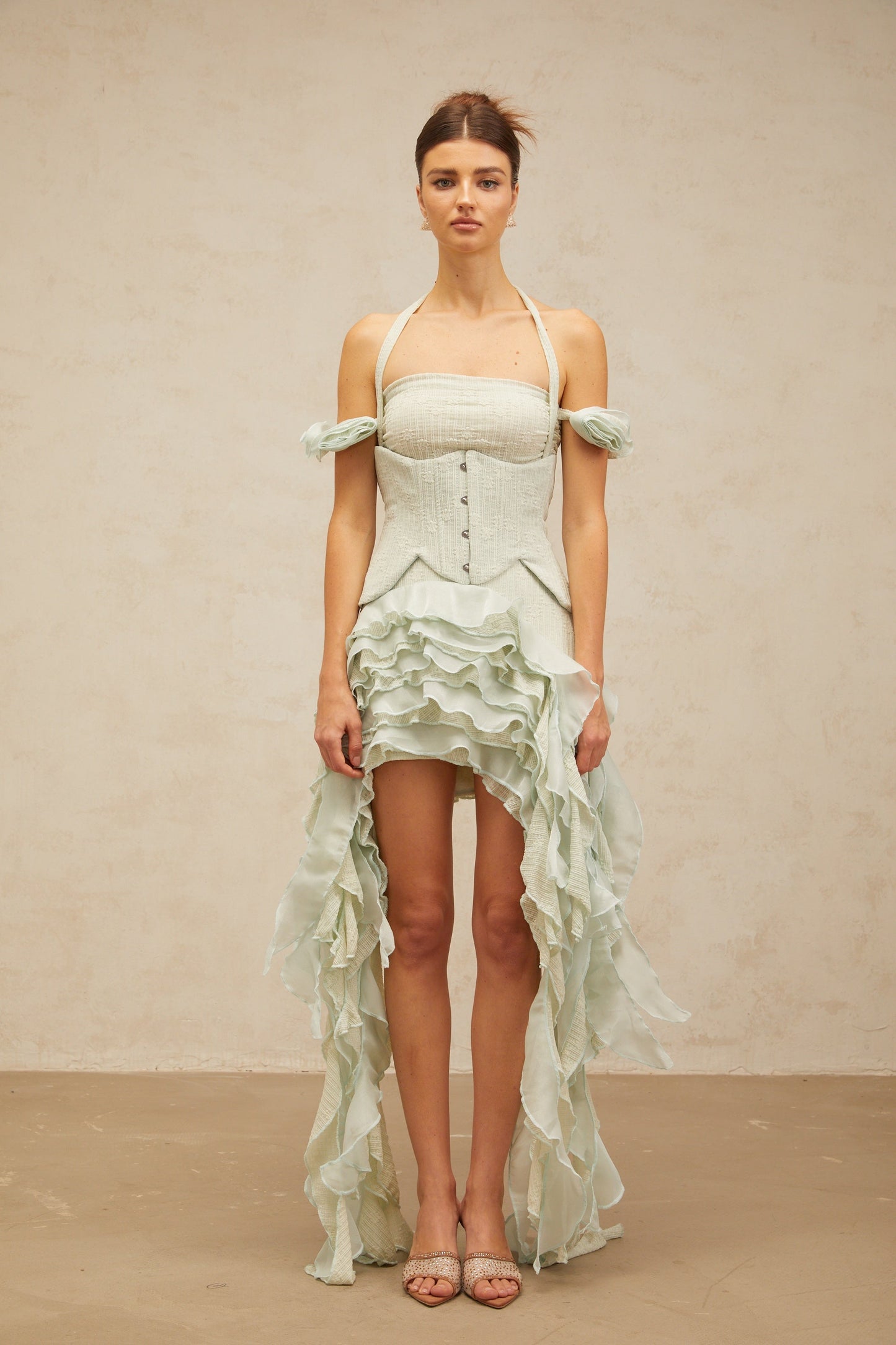 Patricia green floral-appliqué asymmetric ruffled mini dress