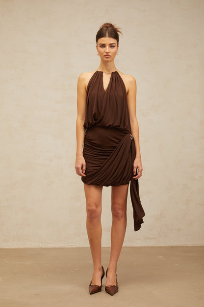 Zelda brown chain-link ruched mini dress