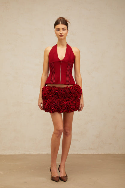 Paloma red halterneck lace-up top