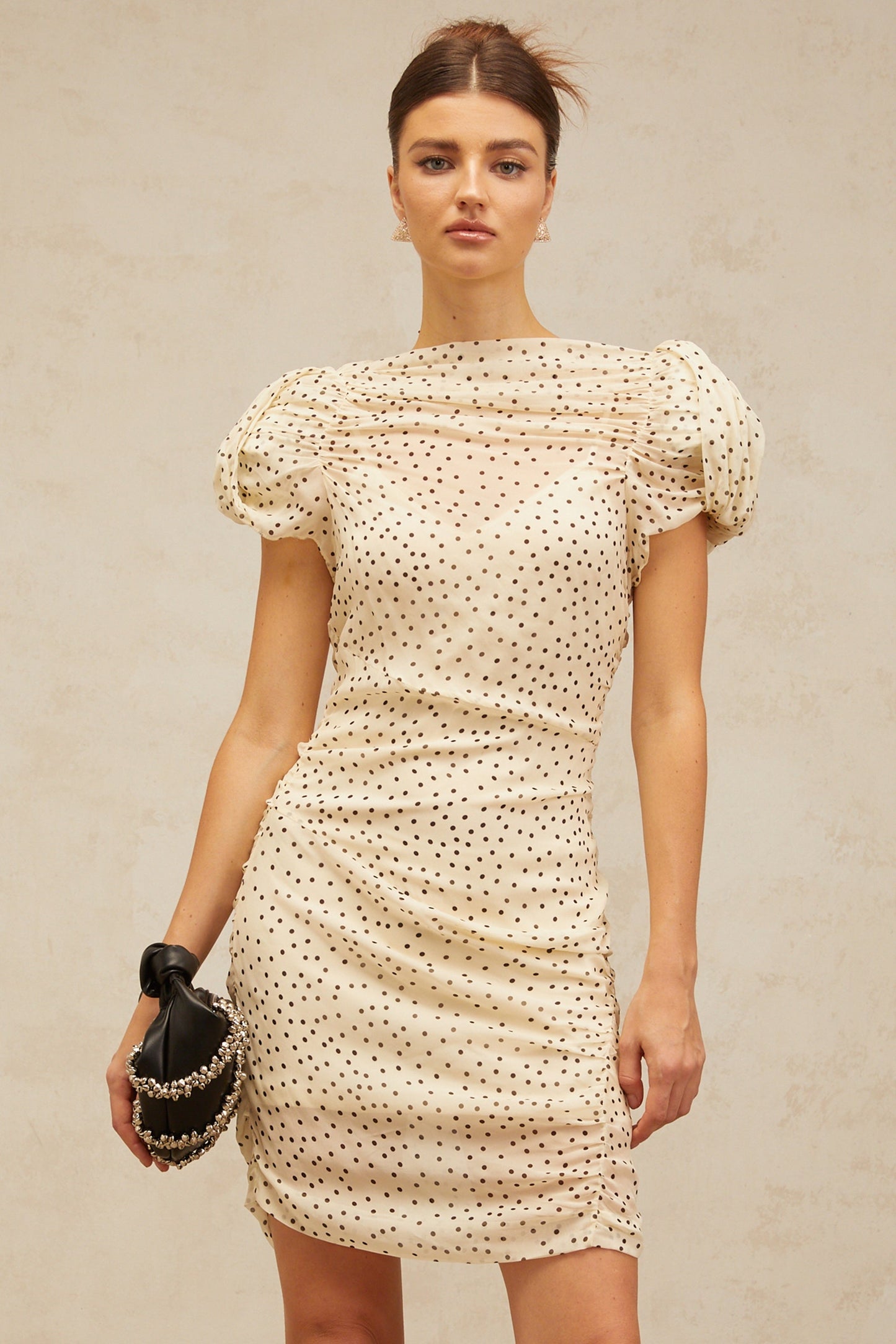 Dulcie neutrals polka-dot smocked mini dress