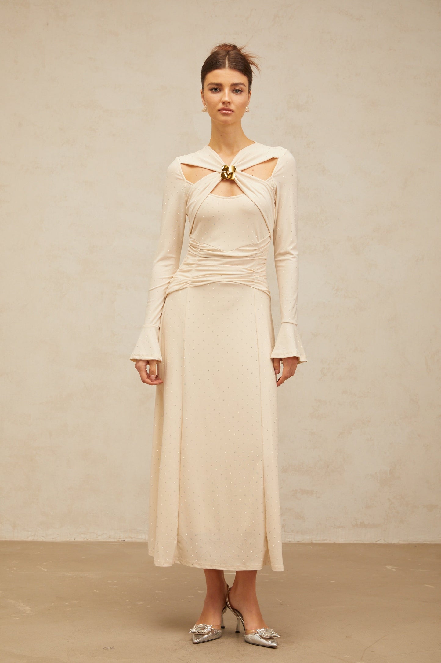 Capucine neutrals cross-over embellished midi dress